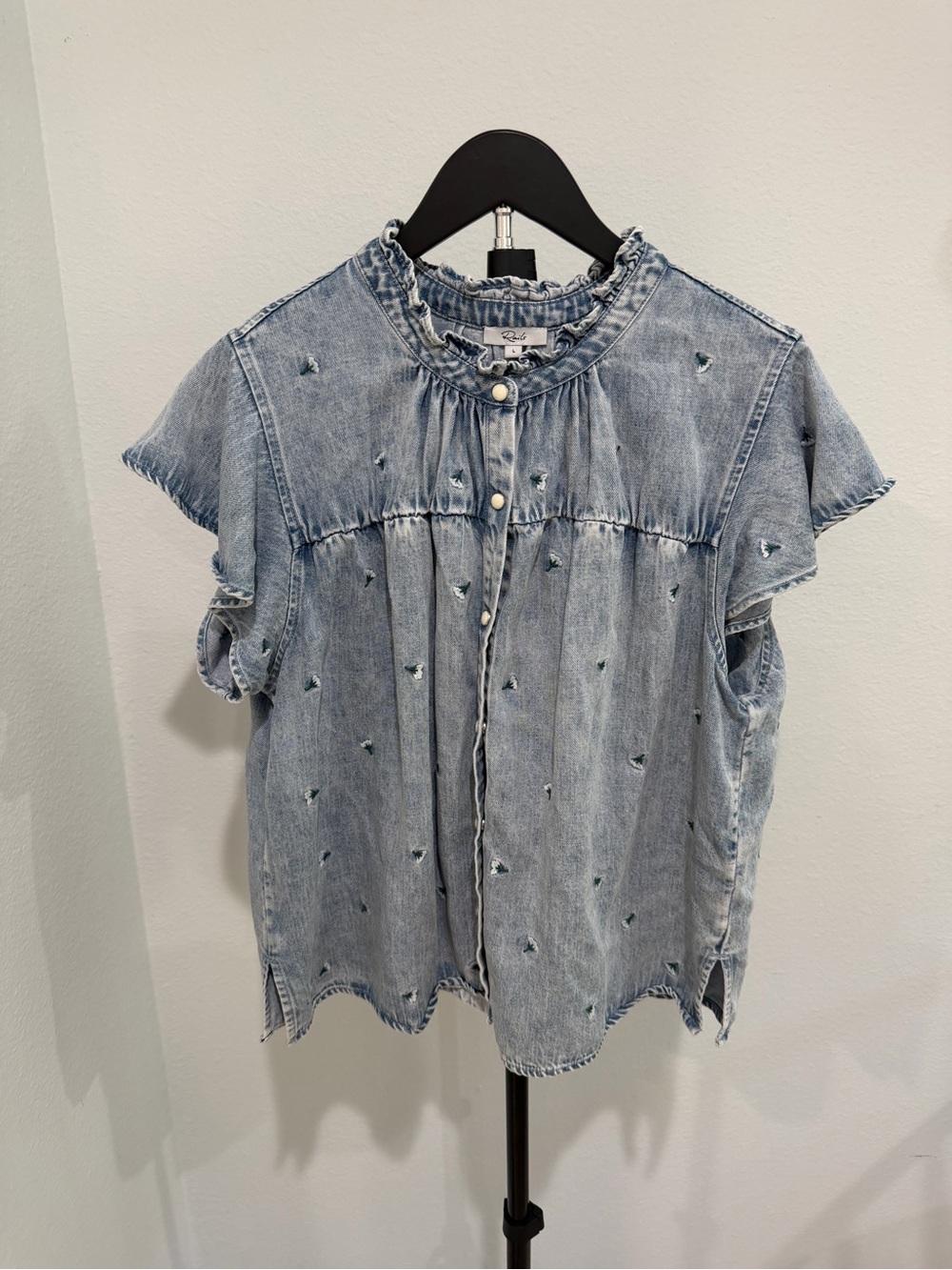 Rails Light Wash Denim Ruffled Collar Short Sleeve Blouse